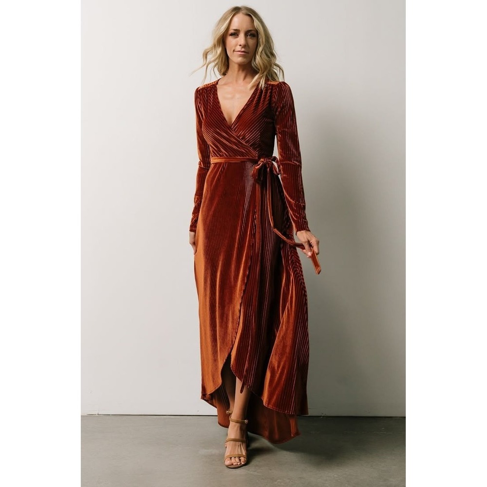 Baltic Born Rust Velvet Wrap Maxi Dress Ribbed Burnt Orange Boho Wedding Guest
